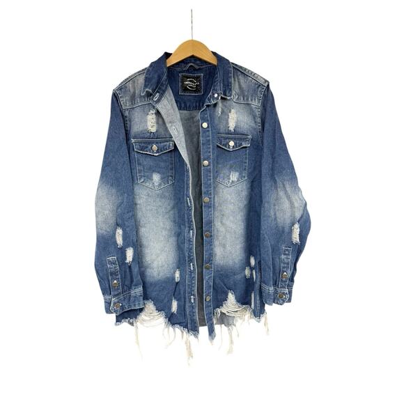American Bazi Longline Denim Jacket Distressed Dark Wash Womens Large Boutique - Picture 1 of 7